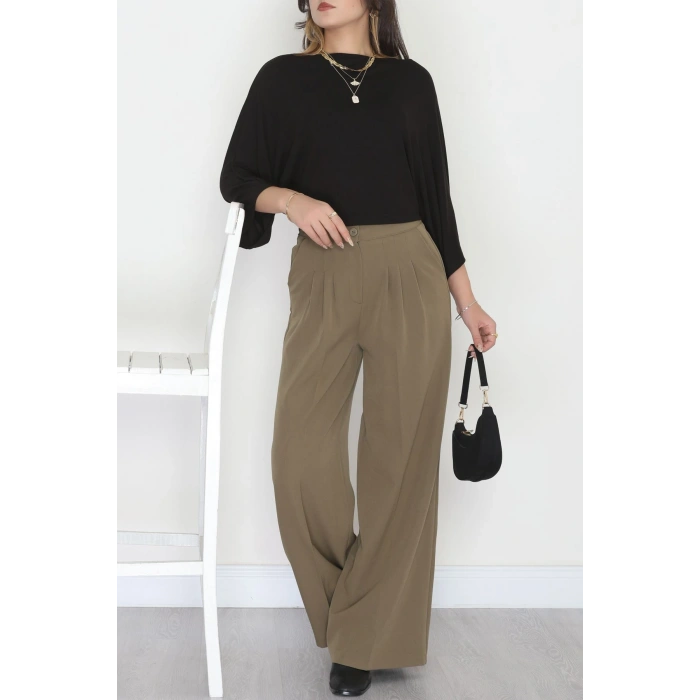 Dabıl Kumaş Beli Lastikli Palazzo Pantolon Haki - 51063.1991.
