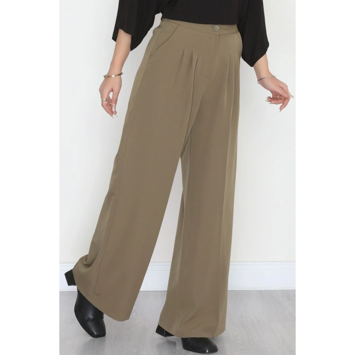 Dabıl Kumaş Beli Lastikli Palazzo Pantolon Haki - 51063.1991.