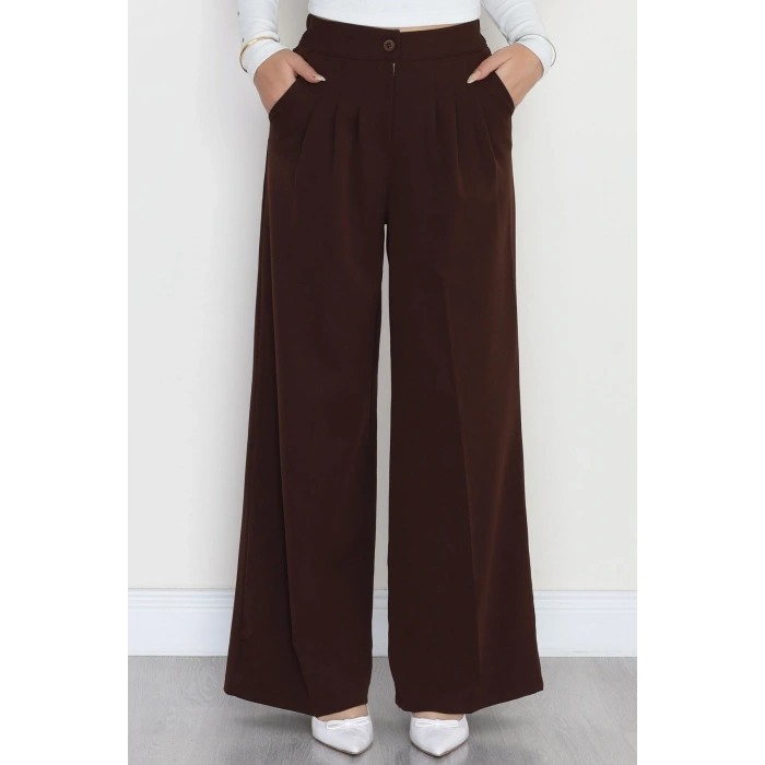 Dabıl Kumaş Beli Lastikli Palazzo Pantolon Kahve - 51063.1991.