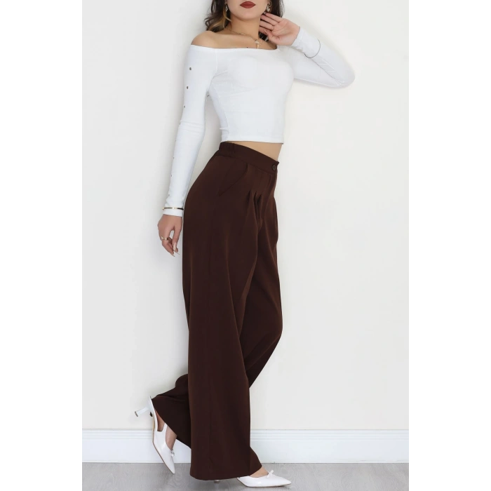 Dabıl Kumaş Beli Lastikli Palazzo Pantolon Kahve - 51063.1991.