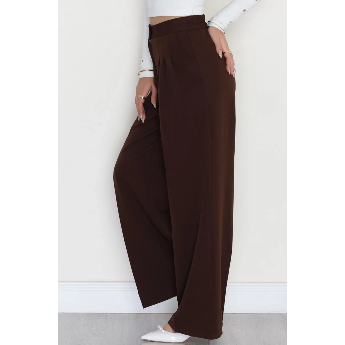 Dabıl Kumaş Beli Lastikli Palazzo Pantolon Kahve - 51063.1991.