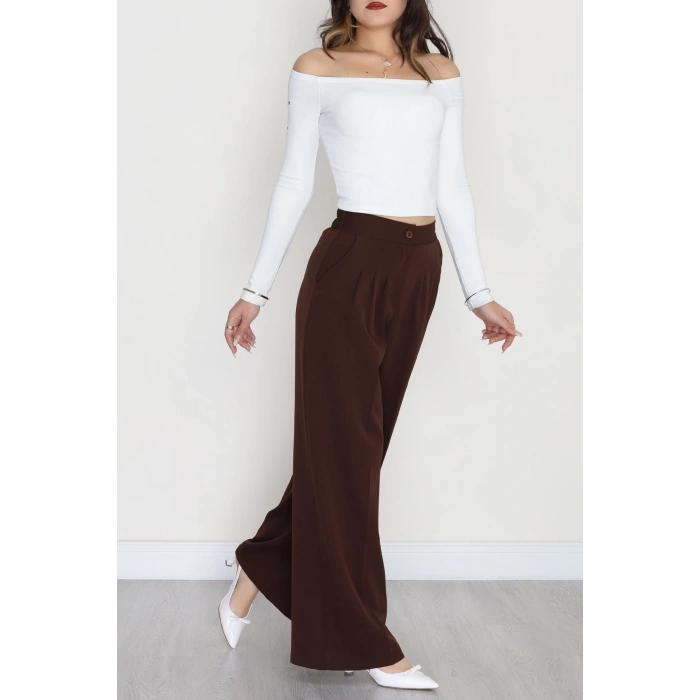 Dabıl Kumaş Beli Lastikli Palazzo Pantolon Kahve - 51063.1991.