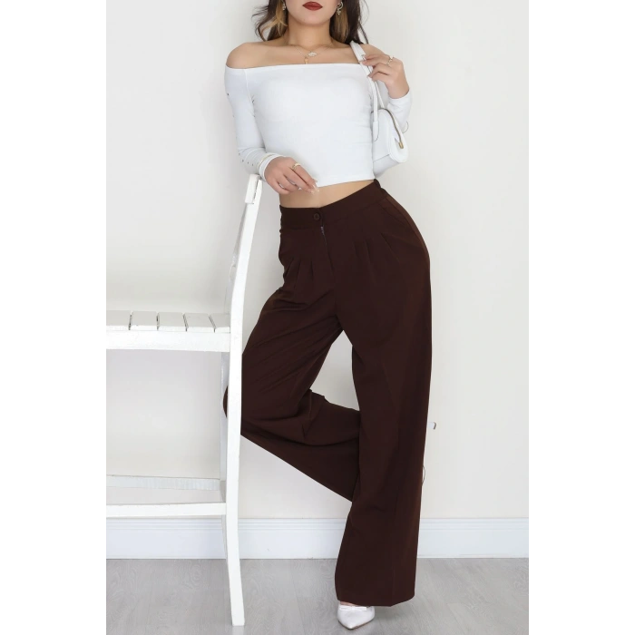 Dabıl Kumaş Beli Lastikli Palazzo Pantolon Kahve - 51063.1991.