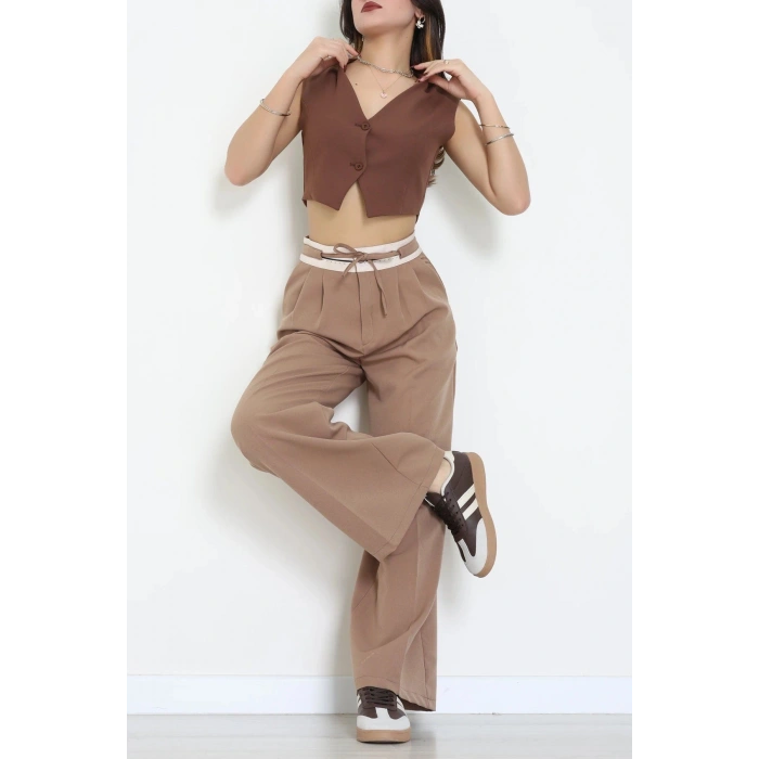 Dabıl Kumaş Beli Lastikli Palazzo Pantolon Latte - 51620.683.