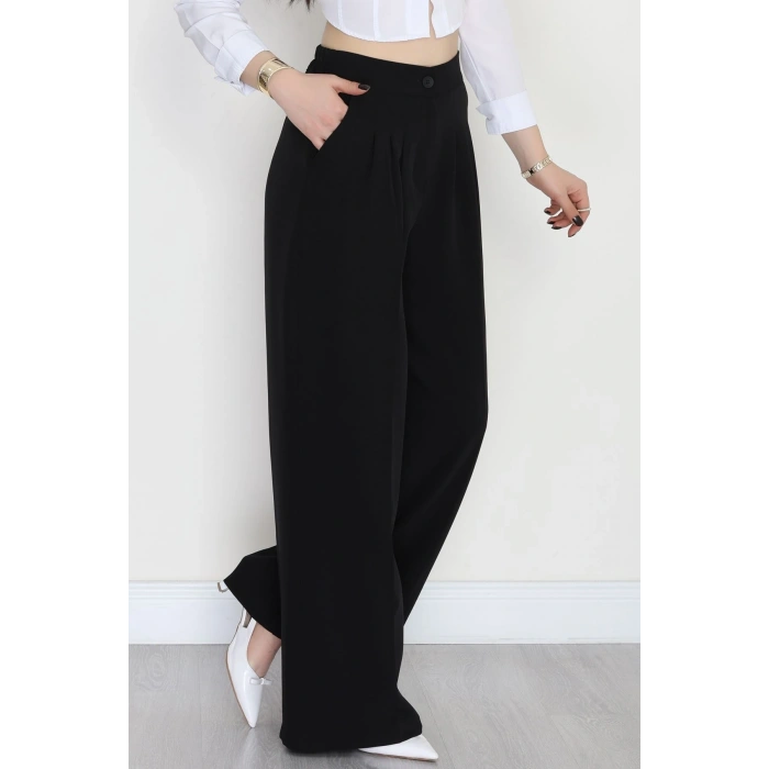 Dabıl Kumaş Beli Lastikli Palazzo Pantolon Siyah - 51063.1991.