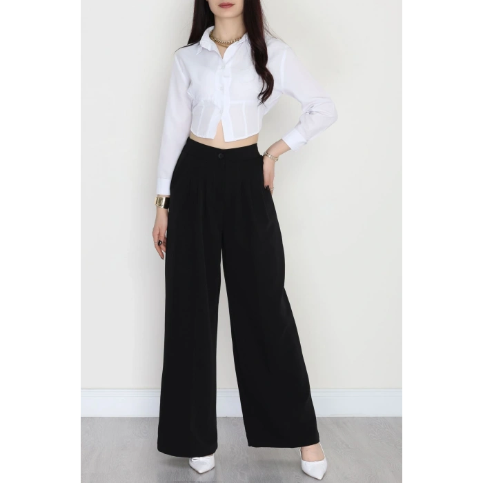 Dabıl Kumaş Beli Lastikli Palazzo Pantolon Siyah - 51063.1991.