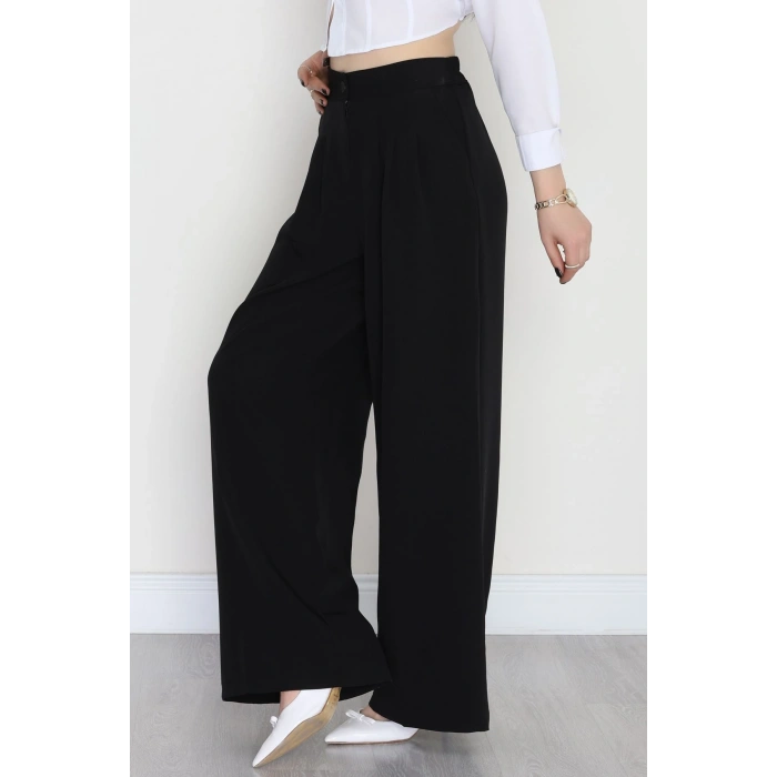 Dabıl Kumaş Beli Lastikli Palazzo Pantolon Siyah - 51063.1991.