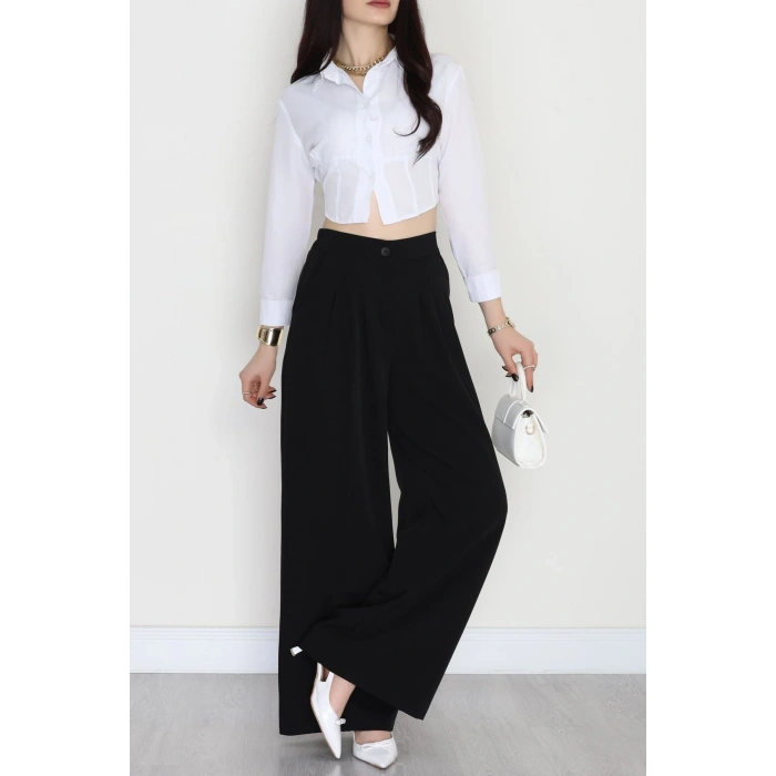 Dabıl Kumaş Beli Lastikli Palazzo Pantolon Siyah - 51063.1991.