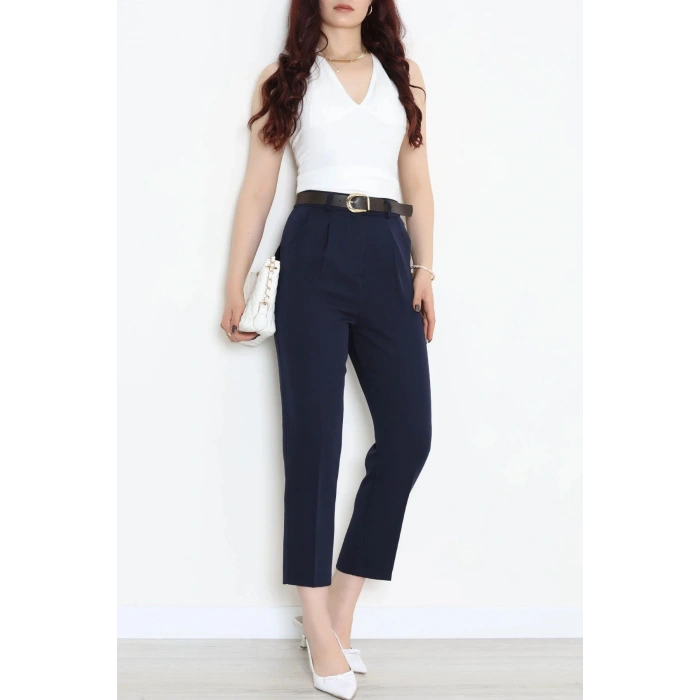 Dabıl Kumaş Cepli Kemerli Pantolon Lacivert - 71501.1920.