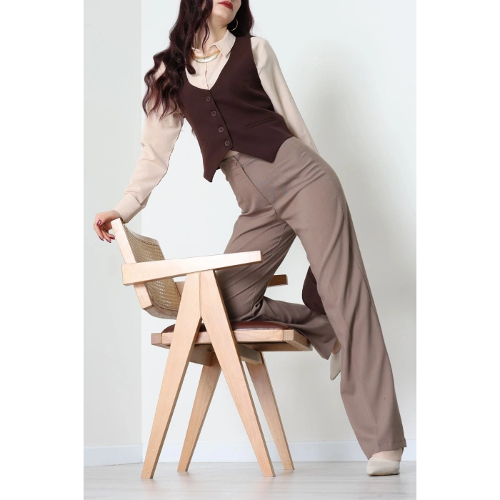 Dabıl Kumaş Düğmeli Fleto Cepli Yelek Kahve - 51230.1991.