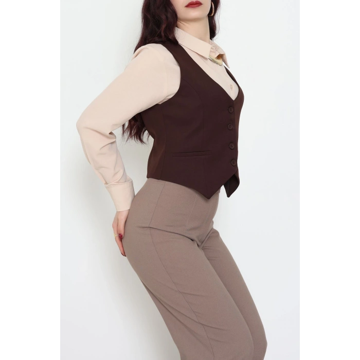 Dabıl Kumaş Düğmeli Fleto Cepli Yelek Kahve - 51230.1991.