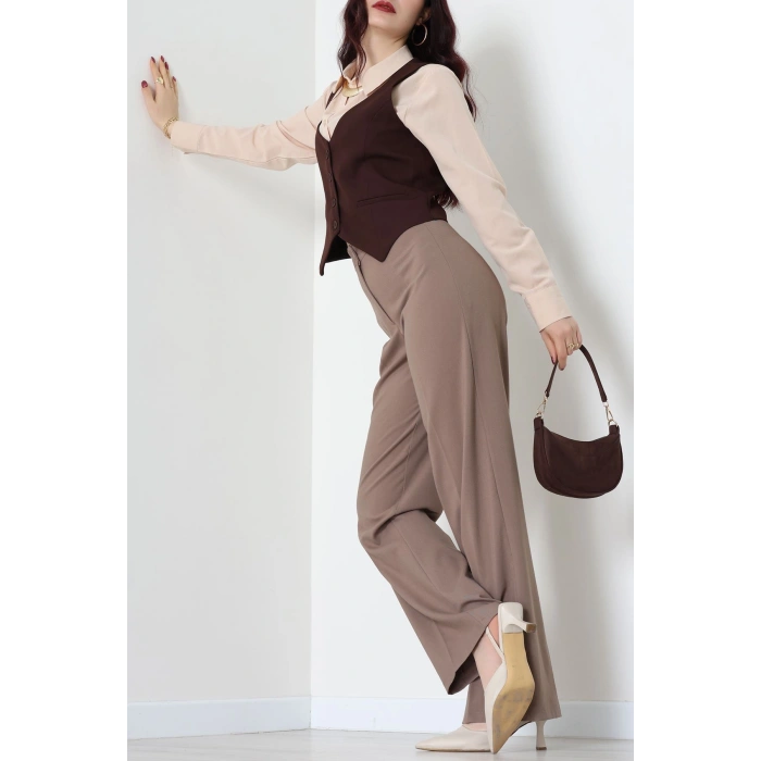 Dabıl Kumaş Düğmeli Fleto Cepli Yelek Kahve - 51230.1991.