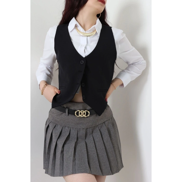 Dabıl Kumaş Düğmeli Fleto Cepli Yelek Siyah - 51230.1991.