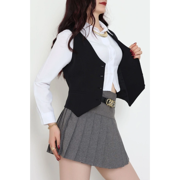 Dabıl Kumaş Düğmeli Fleto Cepli Yelek Siyah - 51230.1991.