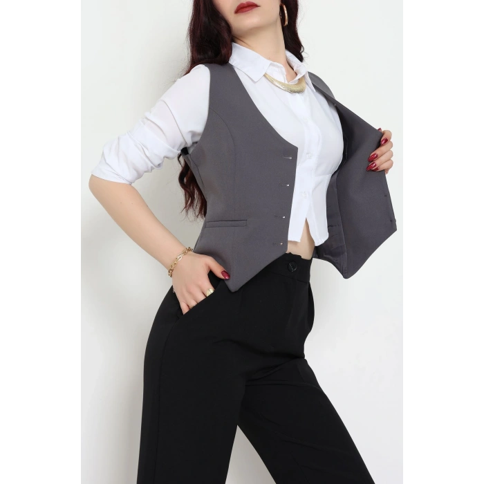 Dabıl Kumaş Fleto Cepli Astarlı Yelek Antrasit - 51230.1991.