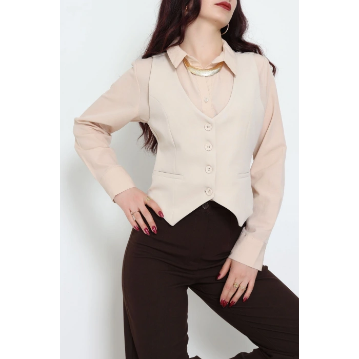 Dabıl Kumaş Fleto Cepli Astarlı Yelek Bej - 51230.1991.