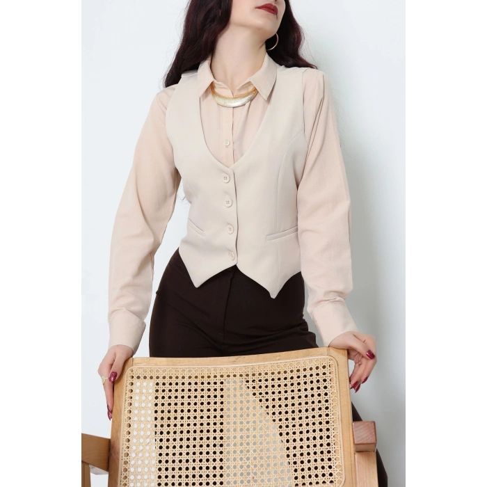 Dabıl Kumaş Fleto Cepli Astarlı Yelek Bej - 51230.1991.