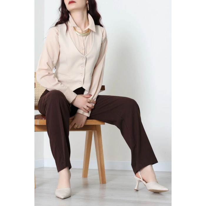 Dabıl Kumaş Fleto Cepli Astarlı Yelek Bej - 51230.1991.