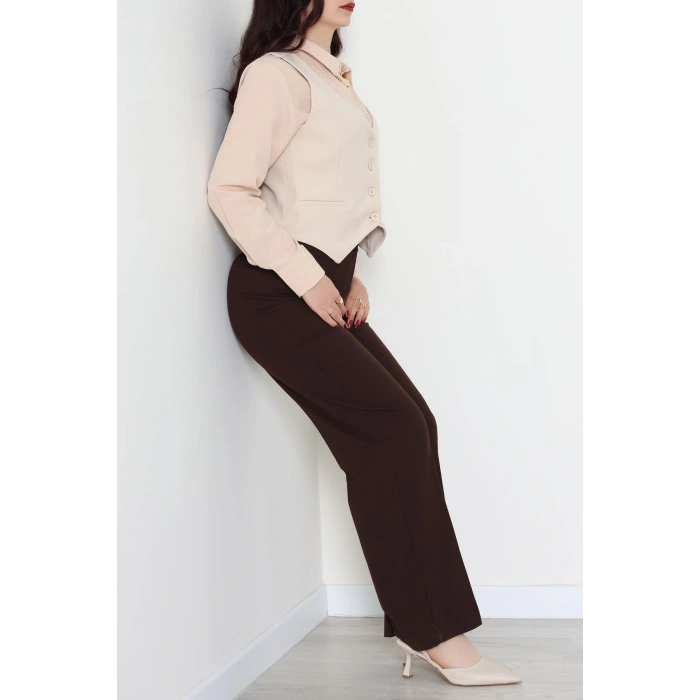 Dabıl Kumaş Fleto Cepli Astarlı Yelek Bej - 51230.1991.