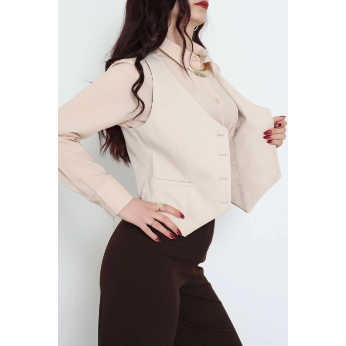 Dabıl Kumaş Fleto Cepli Astarlı Yelek Bej - 51230.1991.