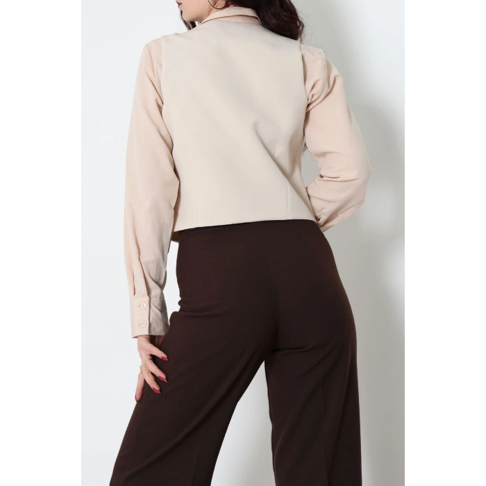 Dabıl Kumaş Fleto Cepli Astarlı Yelek Bej - 51230.1991.