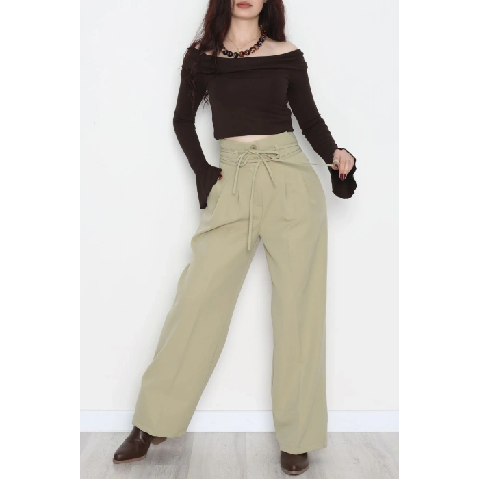 Dabıl Kumaş İp Bağlamalı Palazzo Pantolon Çağla - 51111.1991.