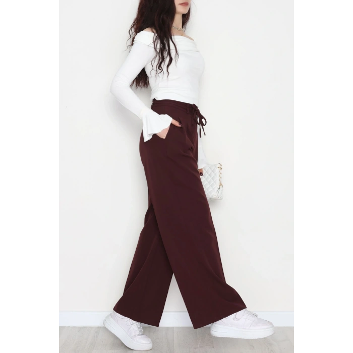 Dabıl Kumaş İp Bağlamalı Palazzo Pantolon Mürdüm - 51111.1991.