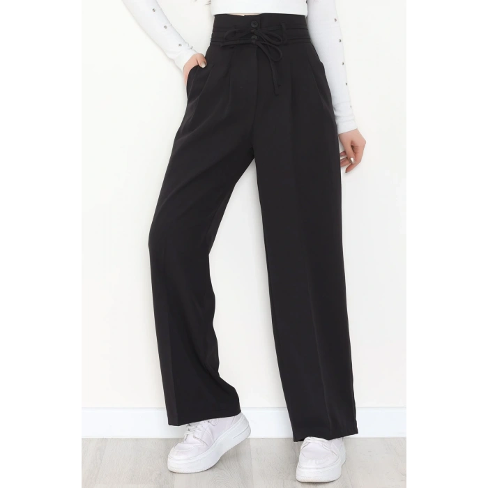 Dabıl Kumaş İp Bağlamalı Palazzo Pantolon Siyah - 51111.1991.