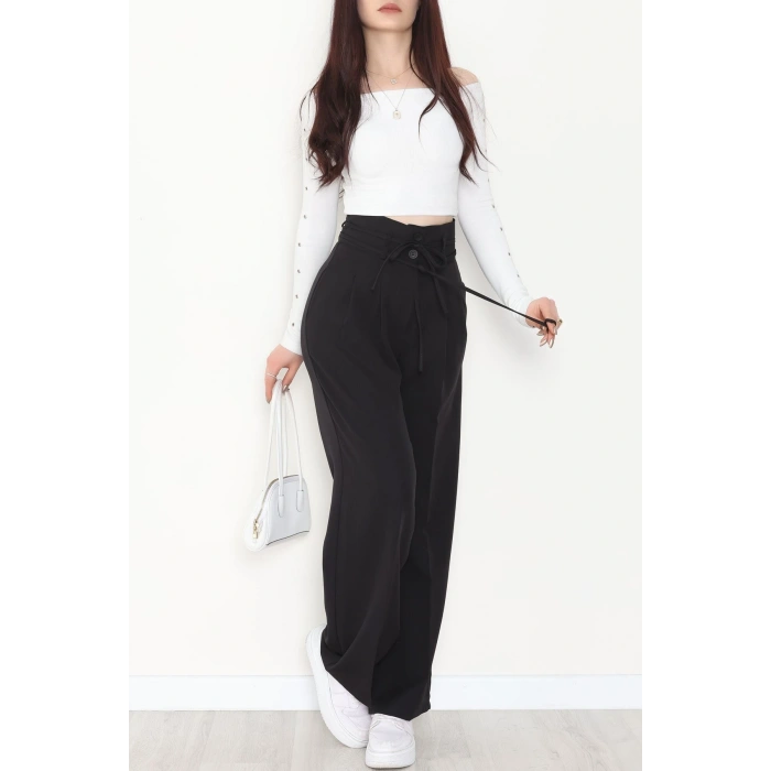 Dabıl Kumaş İp Bağlamalı Palazzo Pantolon Siyah - 51111.1991.