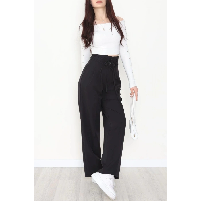 Dabıl Kumaş İp Bağlamalı Palazzo Pantolon Siyah - 51111.1991.