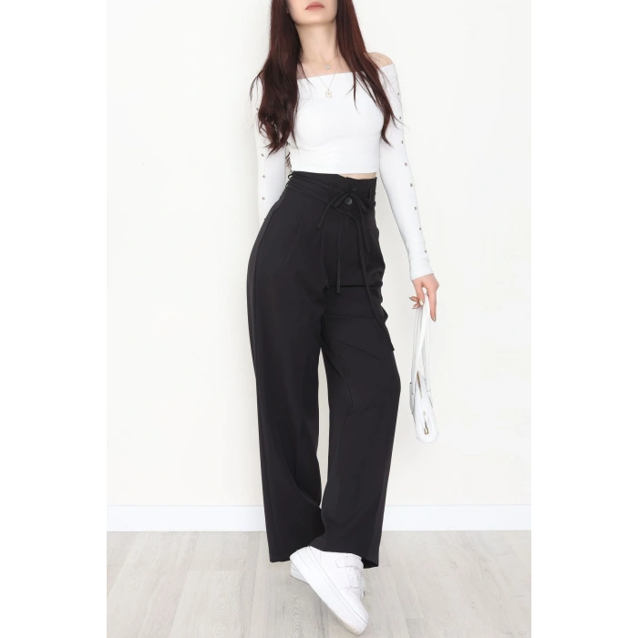Dabıl Kumaş İp Bağlamalı Palazzo Pantolon Siyah - 51111.1991.