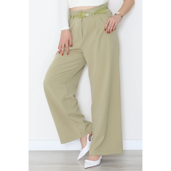 Dabıl Kumaş Kemerli Çift Düğme Pileli Palazzo Pantolon Çağla - 2084.1991.