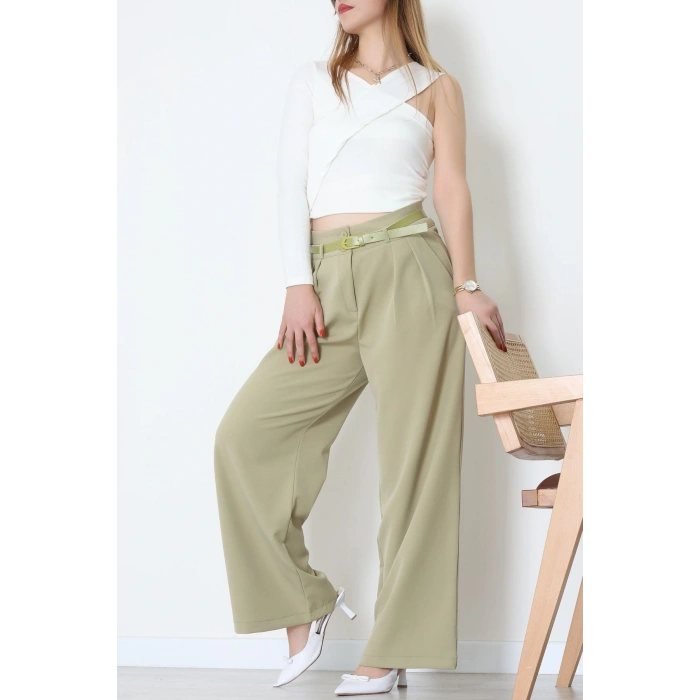 Dabıl Kumaş Kemerli Çift Düğme Pileli Palazzo Pantolon Çağla - 2084.1991.