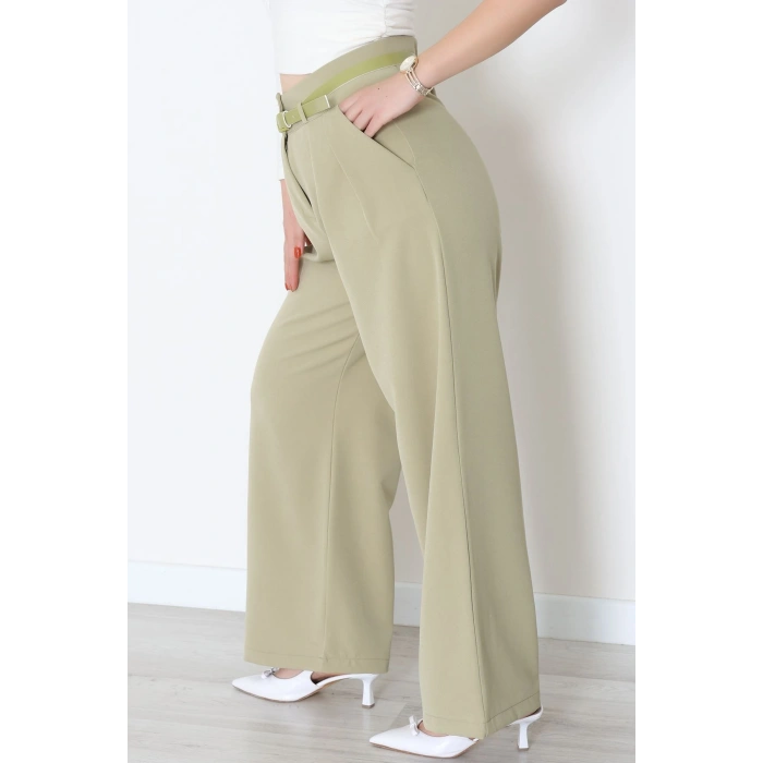 Dabıl Kumaş Kemerli Çift Düğme Pileli Palazzo Pantolon Çağla - 2084.1991.