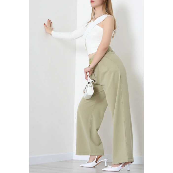 Dabıl Kumaş Kemerli Çift Düğme Pileli Palazzo Pantolon Çağla - 2084.1991.