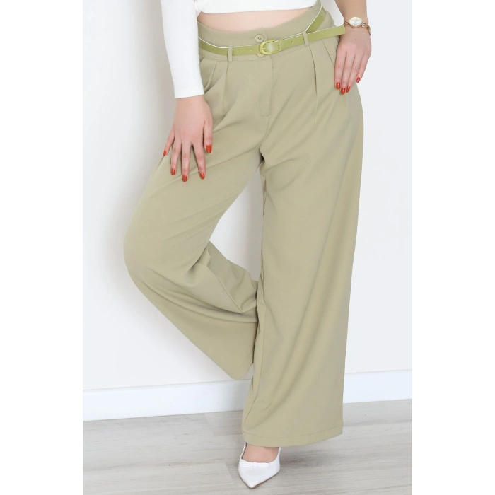 Dabıl Kumaş Kemerli Çift Düğme Pileli Palazzo Pantolon Çağla - 2084.1991.