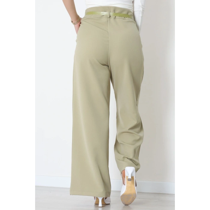 Dabıl Kumaş Kemerli Çift Düğme Pileli Palazzo Pantolon Çağla - 2084.1991.