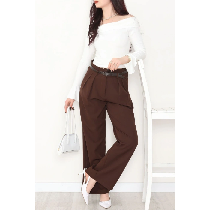 Dabıl Kumaş  Kemerli Çift Düğme Pileli Palazzo Pantolon Kahve - 2084.1991.