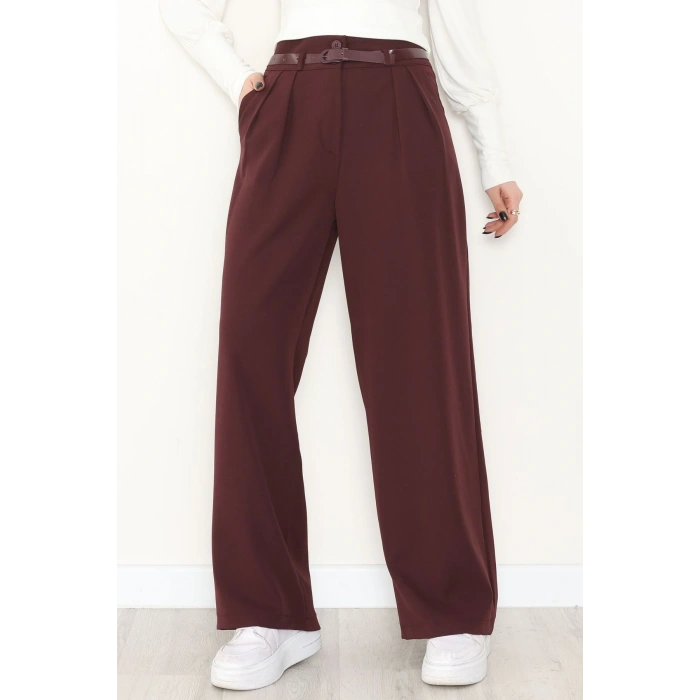 Dabıl Kumaş Kemerli Çift Düğme Pileli Palazzo Pantolon Mürdüm - 2084.1991.