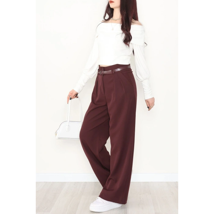 Dabıl Kumaş Kemerli Çift Düğme Pileli Palazzo Pantolon Mürdüm - 2084.1991.