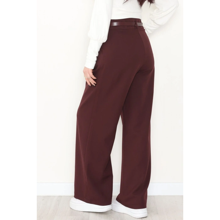 Dabıl Kumaş Kemerli Çift Düğme Pileli Palazzo Pantolon Mürdüm - 2084.1991.