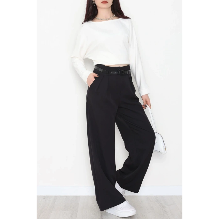 Dabıl Kumaş Kemerli Çift Düğme Pileli Palazzo Pantolon Siyah - 2084.1991.