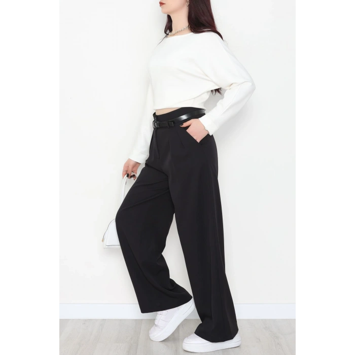 Dabıl Kumaş Kemerli Çift Düğme Pileli Palazzo Pantolon Siyah - 2084.1991.