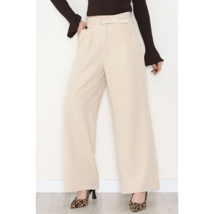 Dabıl Kumaş Kemerli Çift Düğme Pileli Palazzo Pantolon Taş - 2084.1991.