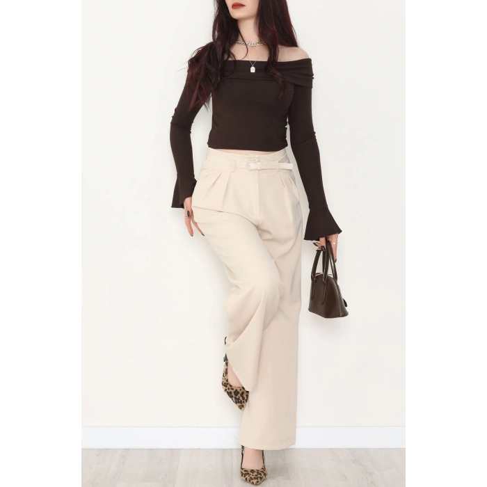 Dabıl Kumaş Kemerli Çift Düğme Pileli Palazzo Pantolon Taş - 2084.1991.