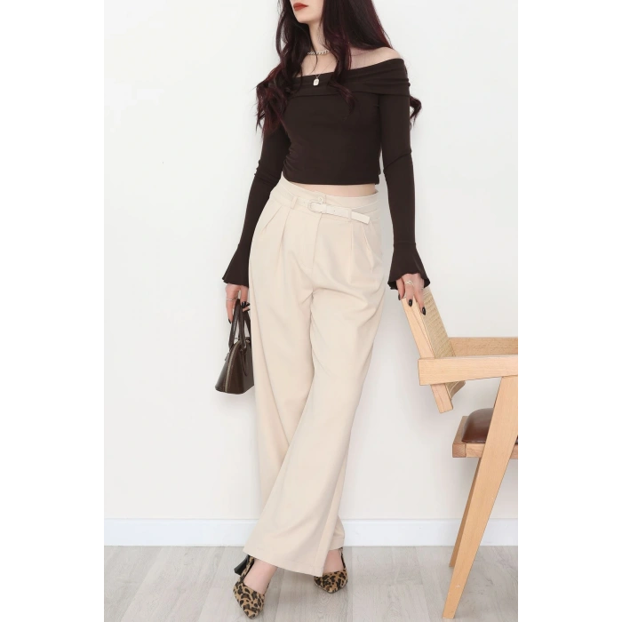 Dabıl Kumaş Kemerli Çift Düğme Pileli Palazzo Pantolon Taş - 2084.1991.