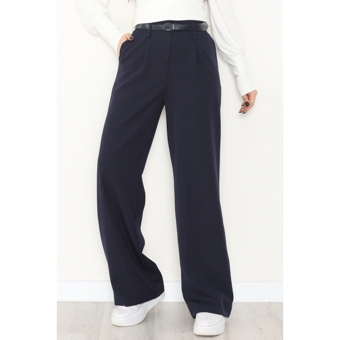 Dabıl Kumaş Kemerli Palazzo Pantolon Lacivert - 2085.1991.