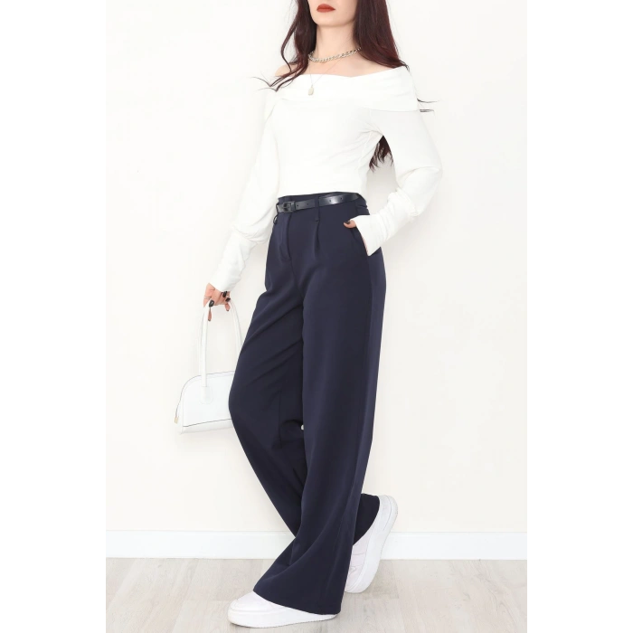 Dabıl Kumaş Kemerli Palazzo Pantolon Lacivert - 2085.1991.