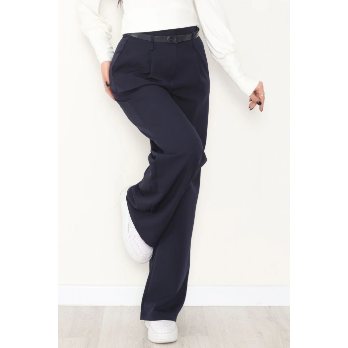 Dabıl Kumaş Kemerli Palazzo Pantolon Lacivert - 2085.1991.