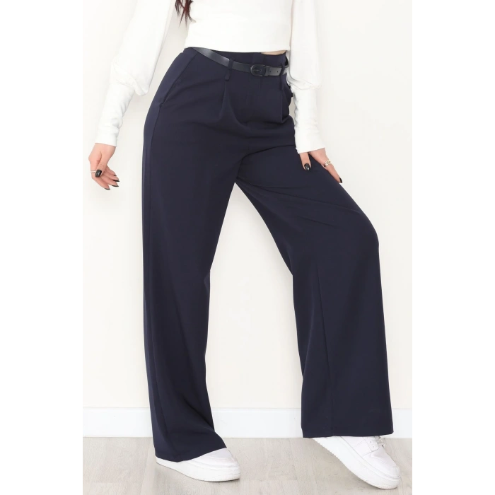 Dabıl Kumaş Kemerli Palazzo Pantolon Lacivert - 2085.1991.